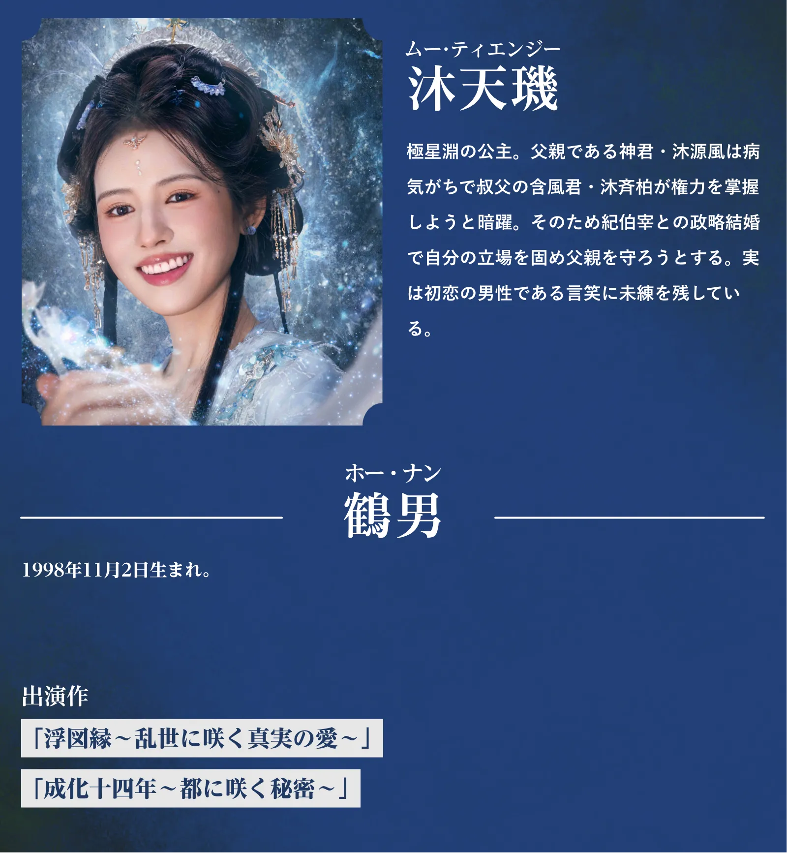沐天璣(ムー・ティエンジー)極星淵の公主。父親である神君・沐源風は病気がちで叔父の含風君・沐斉柏が権力を掌握しようと暗躍。そのため紀伯宰との政略結婚で自分の立場を固め父親を守ろうとする。実は初恋の男性である言笑に未練を残している。鶴男(ホー・ナン)『浮図縁〜乱世に咲く真実の愛〜』『成化十四年〜都に咲く秘密〜』 | 入青雲|衛星劇場
